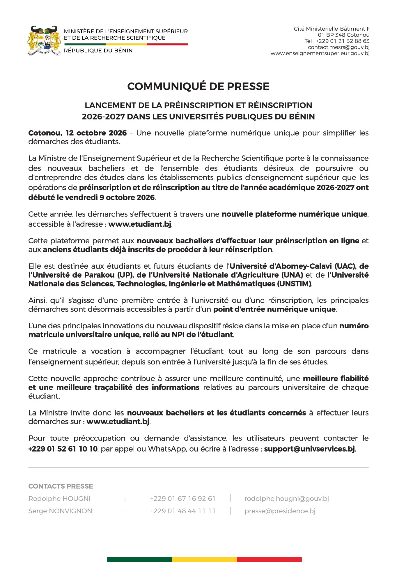 Etudiant.bj, la nouvelle plateforme d’inscription et de réinscription dans les universités publiques du Bénin