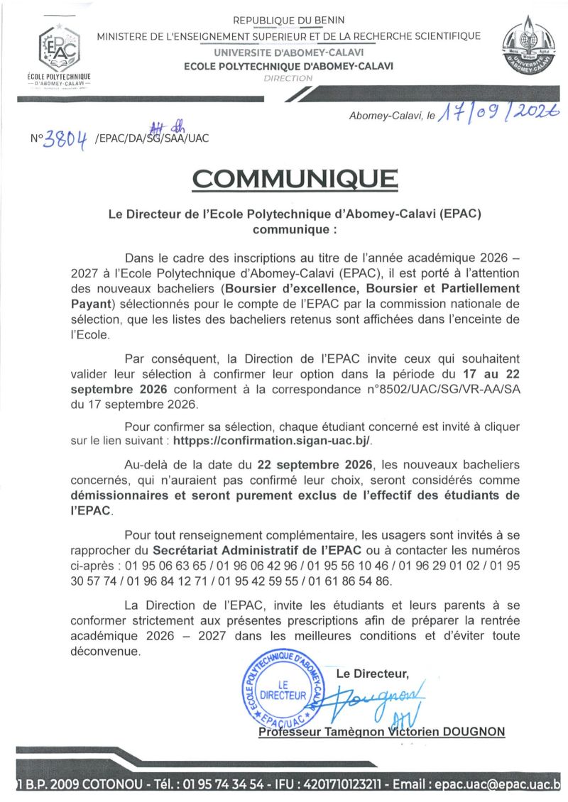 Confirmation des sélections des nouveaux bacheliers— rentrée 2026-2027 à l'EPAC